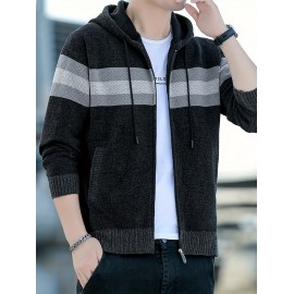 1pc Men'S Casual Color Block Chenille Hooded Knit Jacket - Polyester Long Sleeve Zip-Up with Slight Stretch, Regular Fit Hooded Sweater for Fall/Winter
