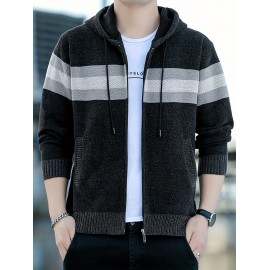 1pc Men'S Casual Color Block Chenille Hooded Knit Jacket - Polyester Long Sleeve Zip-Up with Slight Stretch, Regular Fit Hooded Sweater for Fall/Winter