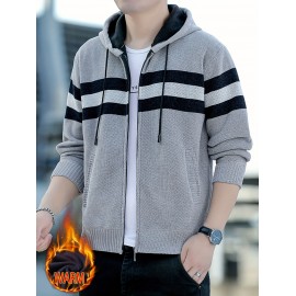 1pc Men'S Casual Color Block Chenille Hooded Knit Jacket - Polyester Long Sleeve Zip-Up with Slight Stretch, Regular Fit Hooded Sweater for Fall/Winter