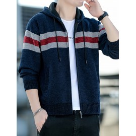 1pc Men'S Casual Color Block Chenille Hooded Knit Jacket - Polyester Long Sleeve Zip-Up with Slight Stretch, Regular Fit Hooded Sweater for Fall/Winter