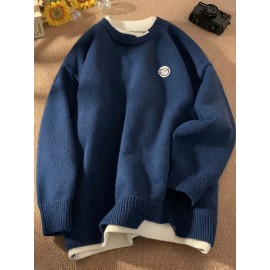 Men's Loose Color Block Cute Boy Graphic Print Fake Two-piece Knitted Pullover, Casual Long Sleeve Crew Neck Sweater For Fall