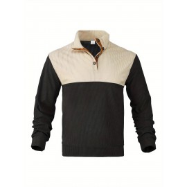 Mens Retro Color Block Knitted Mid Stretch Stand Collar Pullover Sweater - Warm, Casual, Long Sleeve, Button Front, Machine Washable - Perfect for Fall and Winter, Old Money Style