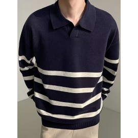 Men's Color Blocking Striped Golf Shirt For Autumn And Winter, Casual Stylish Long Sleeve Top As Gift