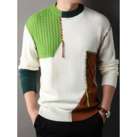 1pc Men'S Korean Style Crew Neck Sweater, Casual Striped Pattern, Rib-Knit, Slight Stretch, Loose Fit, Acrylic Knit Fabric, Thick Warm Patchwork Pullover for Fall/Winter - Fashionable Color Block Base Layer Top [12422]
