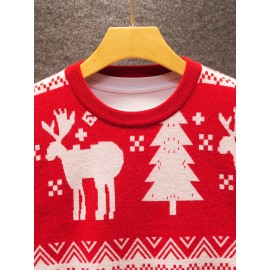 1pc Festive Acrylic Christmas Sweater for Men and Women - Crew Neck, Long Sleeve, Regular Fit, Knit Fabric with Deer and Tree Patterns, Medium Stretch, Party Pullovers for Fall/Winter