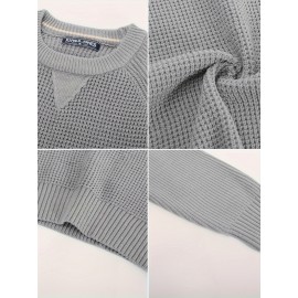 Men Waffle Textured Sweater Long Raglan Sleeve Crew Neck Ribbed Cuff Pullover