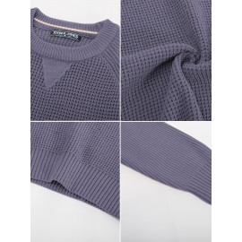 Men Waffle Textured Sweater Long Raglan Sleeve Crew Neck Ribbed Cuff Pullover