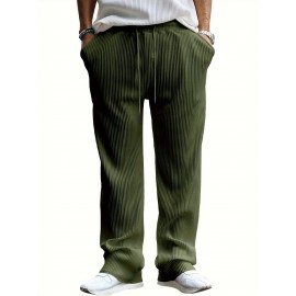 Men's Drawstring Pants Mid Waist Straight Leg Long Pants Casual Solid Color Ribbed Pants