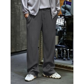 Men's Drawstring Pants Mid Waist Straight Leg Long Pants Casual Solid Color Ribbed Pants
