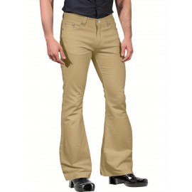 Men's Vintage-Inspired Flare Pants - Solid Color, Mid-Rise Bell Bottoms with Cotton Blend, Machine Washable