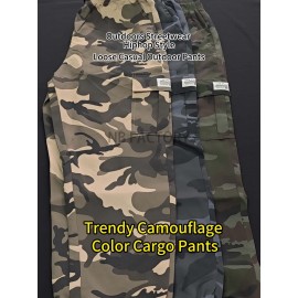 Men's Camo Cargo Pants with Flap Pockets & Drawstring Waist - Casual Outdoor Workwear, Polyester