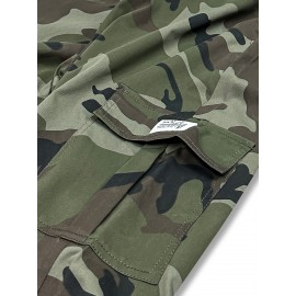 Men's Camo Cargo Pants with Flap Pockets & Drawstring Waist - Casual Outdoor Workwear, Polyester