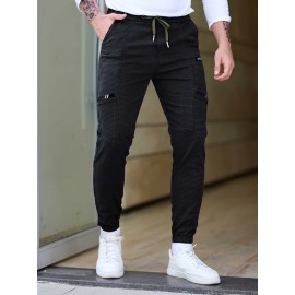Men's Cotton Blend Label Decor Jogger Pants With Drawstrings, Casual Loose Fit Harem Trousers As Gift