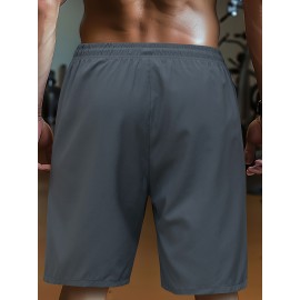Men's Solid Shorts With Zipper Pockets, Casual Elastic Waist Drawstring Shorts For Summer