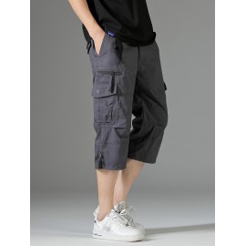 Men's 3/4 Length Solid Color Non Stretch Multi-Pocket Cotton Cargo Shorts For Summer Outdoor Wear