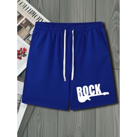 Men's Casual Rock Print Drawstring Shorts - Breathable Polyester, Pockets Included, Machine Washable