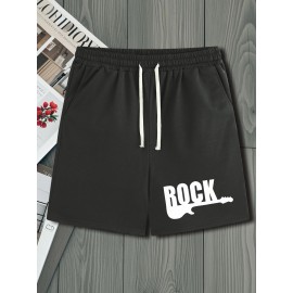 Men's Casual Rock Print Drawstring Shorts - Breathable Polyester, Pockets Included, Machine Washable